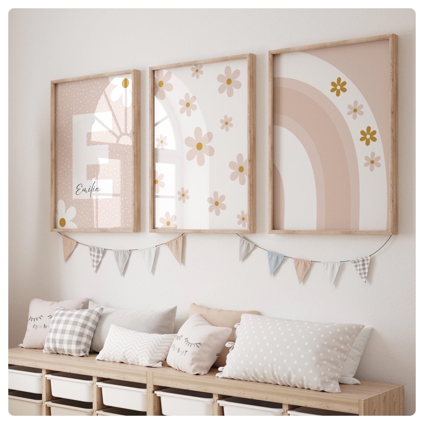 Neutral personalised rainbow and flowers set of 3 prints