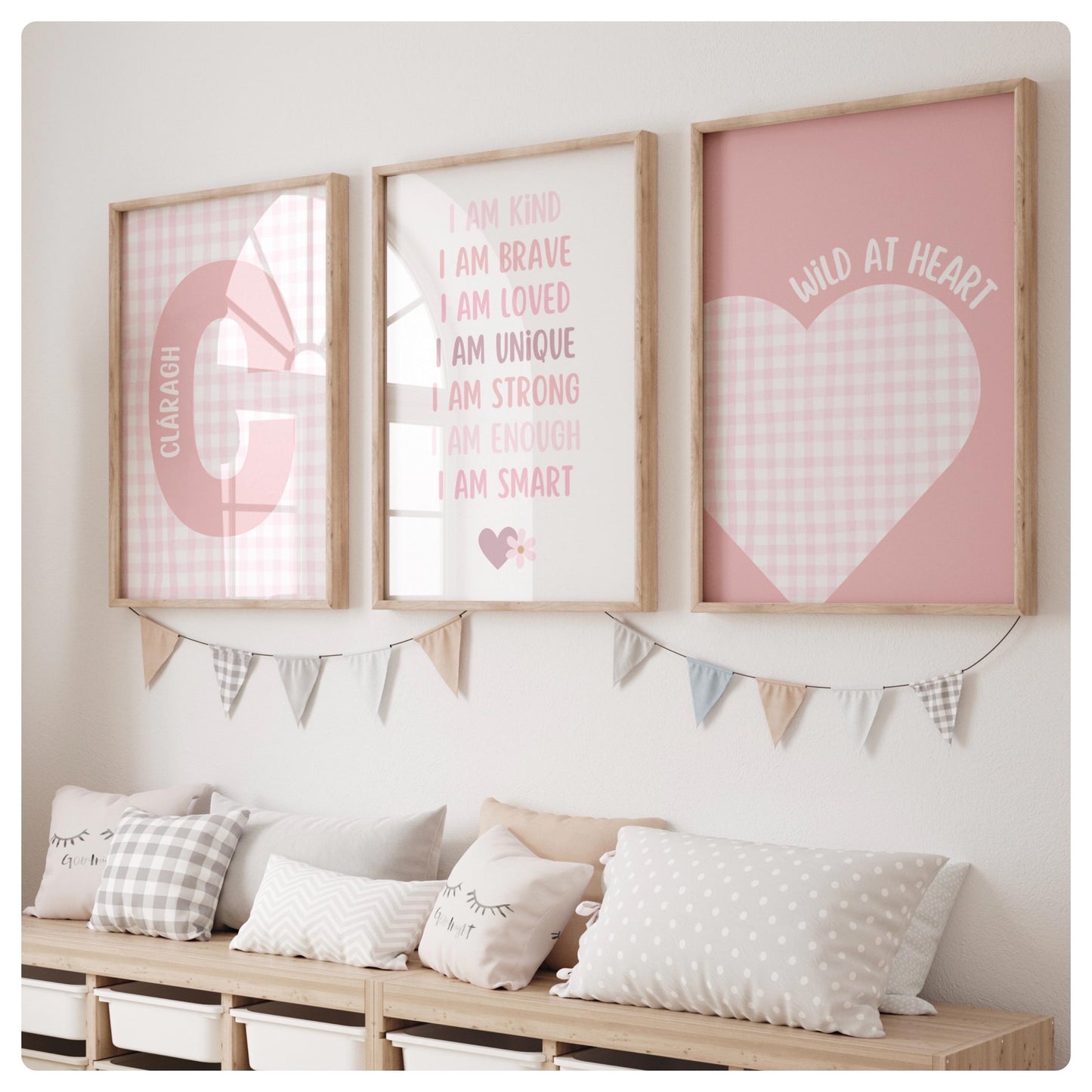 Affirmation gingham personalised set of 3 prints
