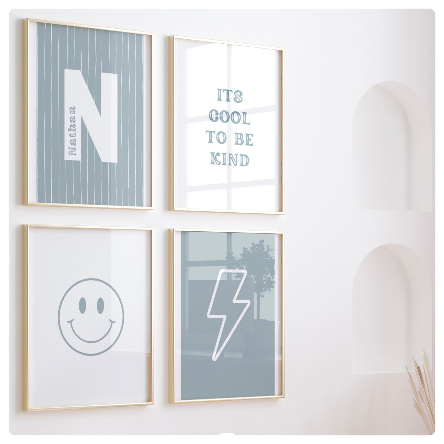 Blue & white “It’s cool to be kind “ boys set of 4 prints