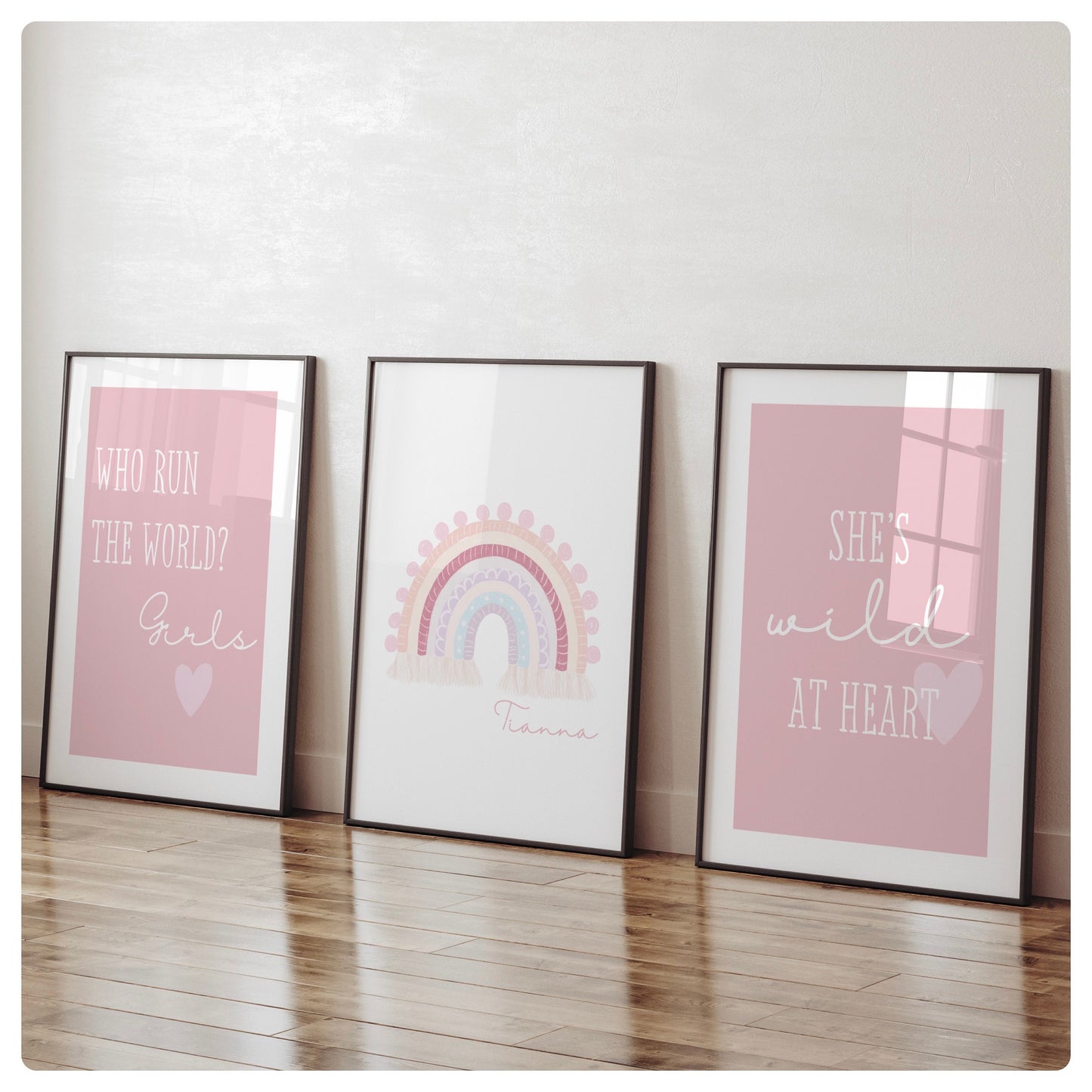 Rainbow girly quote personalised set of 3 prints