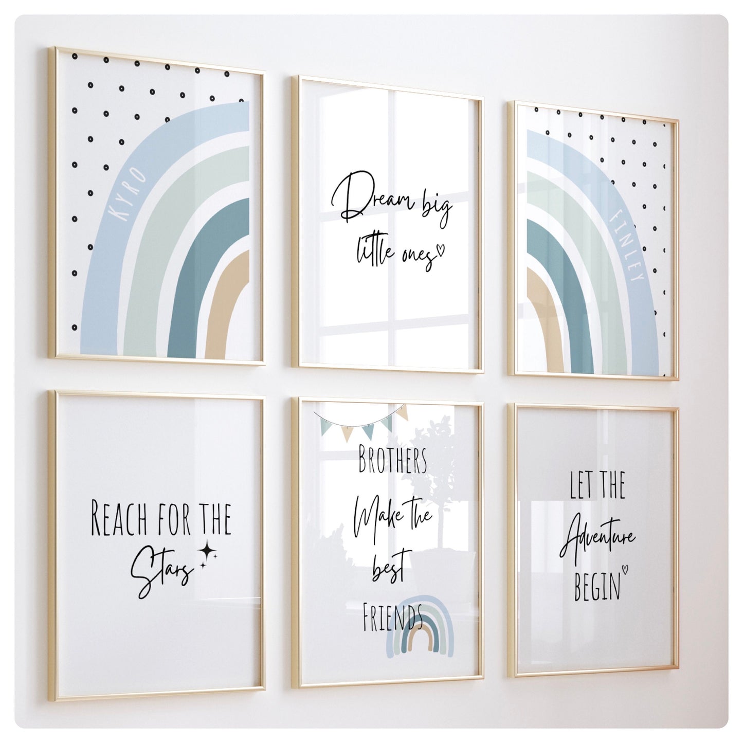 Rainbow & quote for single or brothers personalised blue set of 6 prints