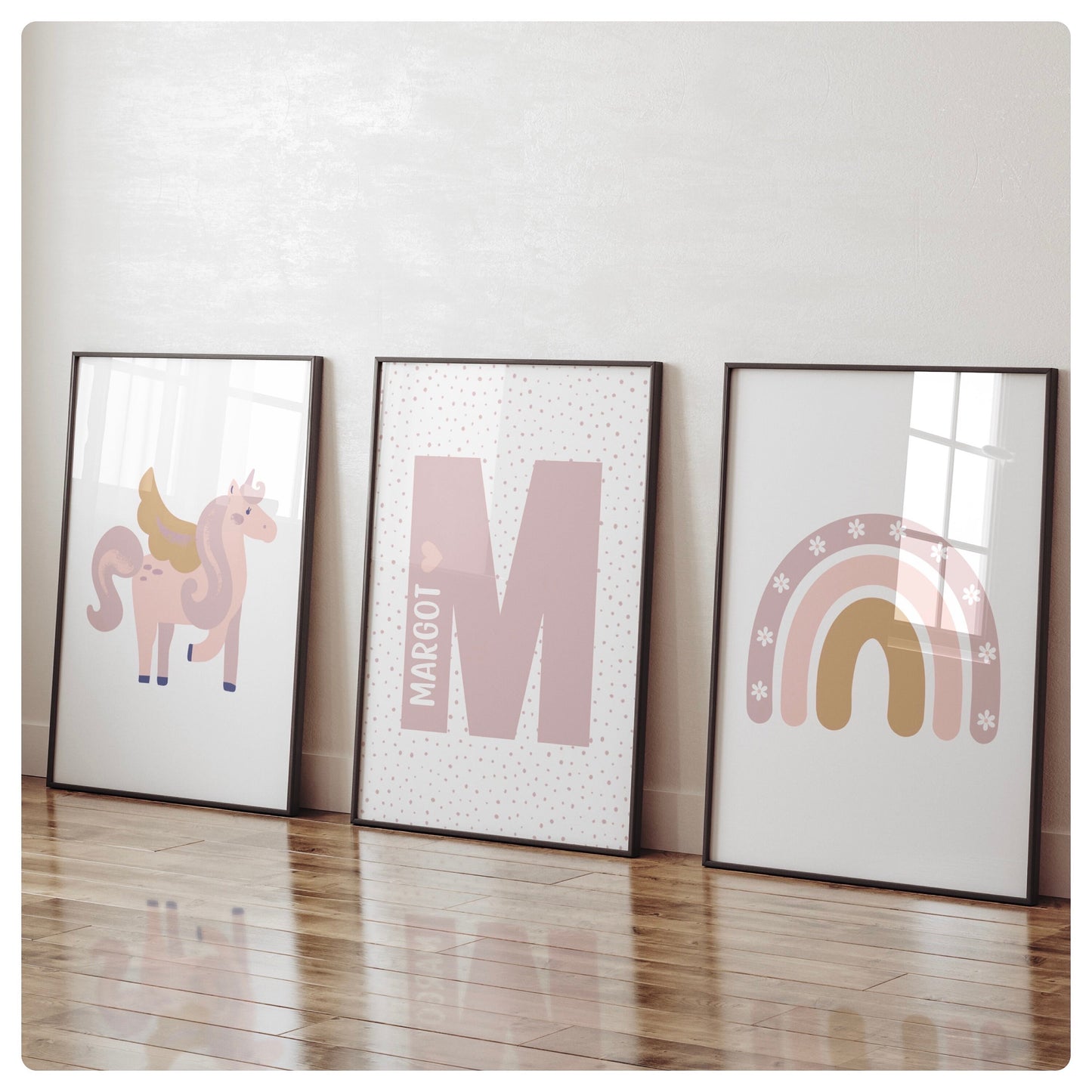Unicorn & rainbow personalised set of 3 prints