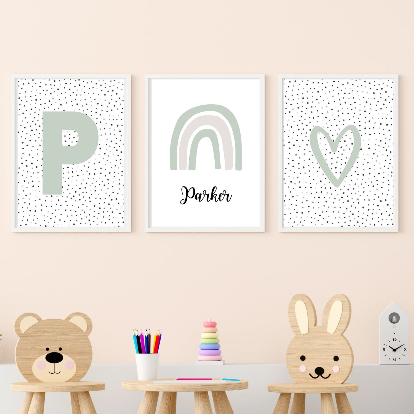 Rainbow dusky pink/sage green personalised set