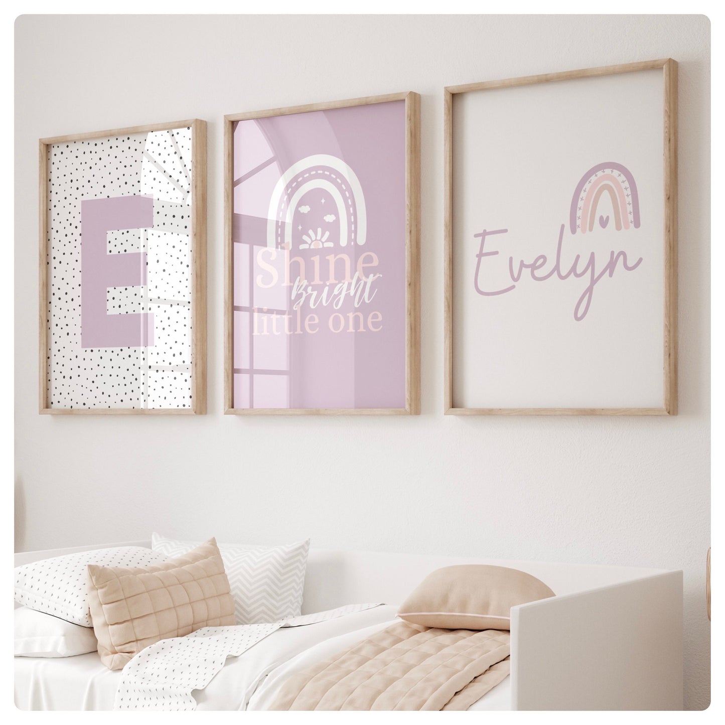 Rainbow purple “Shine bright little one” personalised set of 3 prints