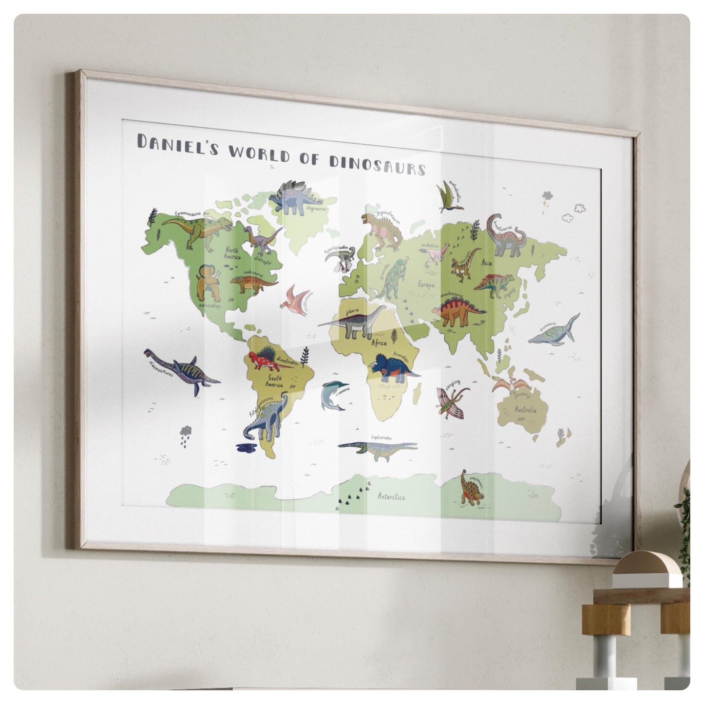 Dinosaur personalised world map print