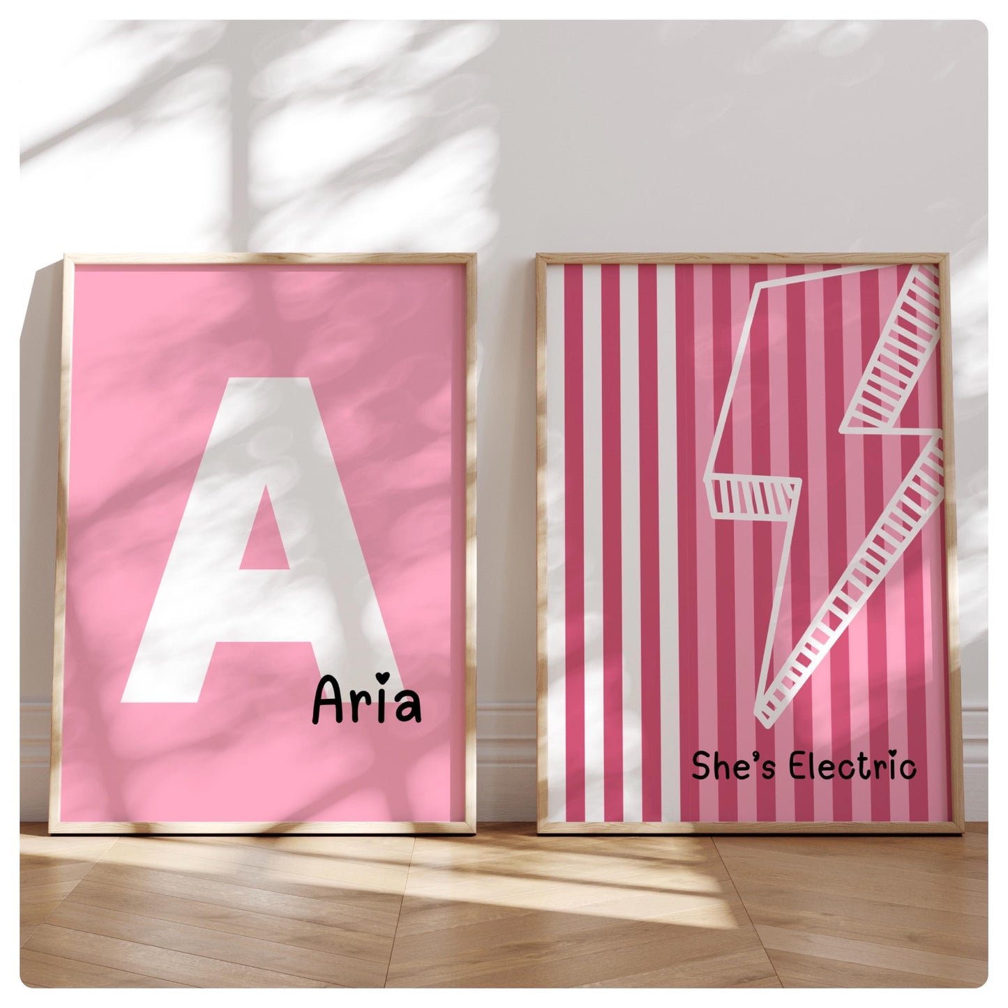 Pink “She’s electric” personalised set of 2 prints