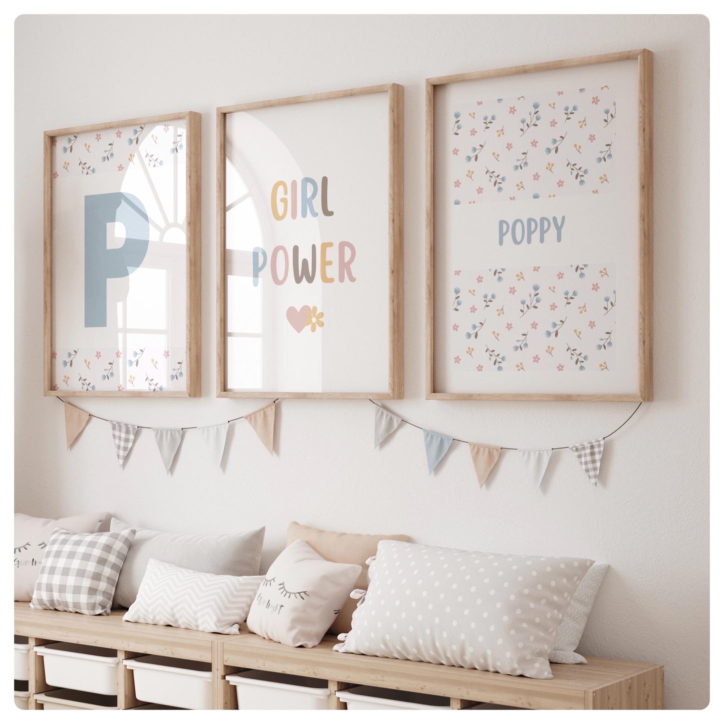 Girl power quote personalised flower set of 3 prints