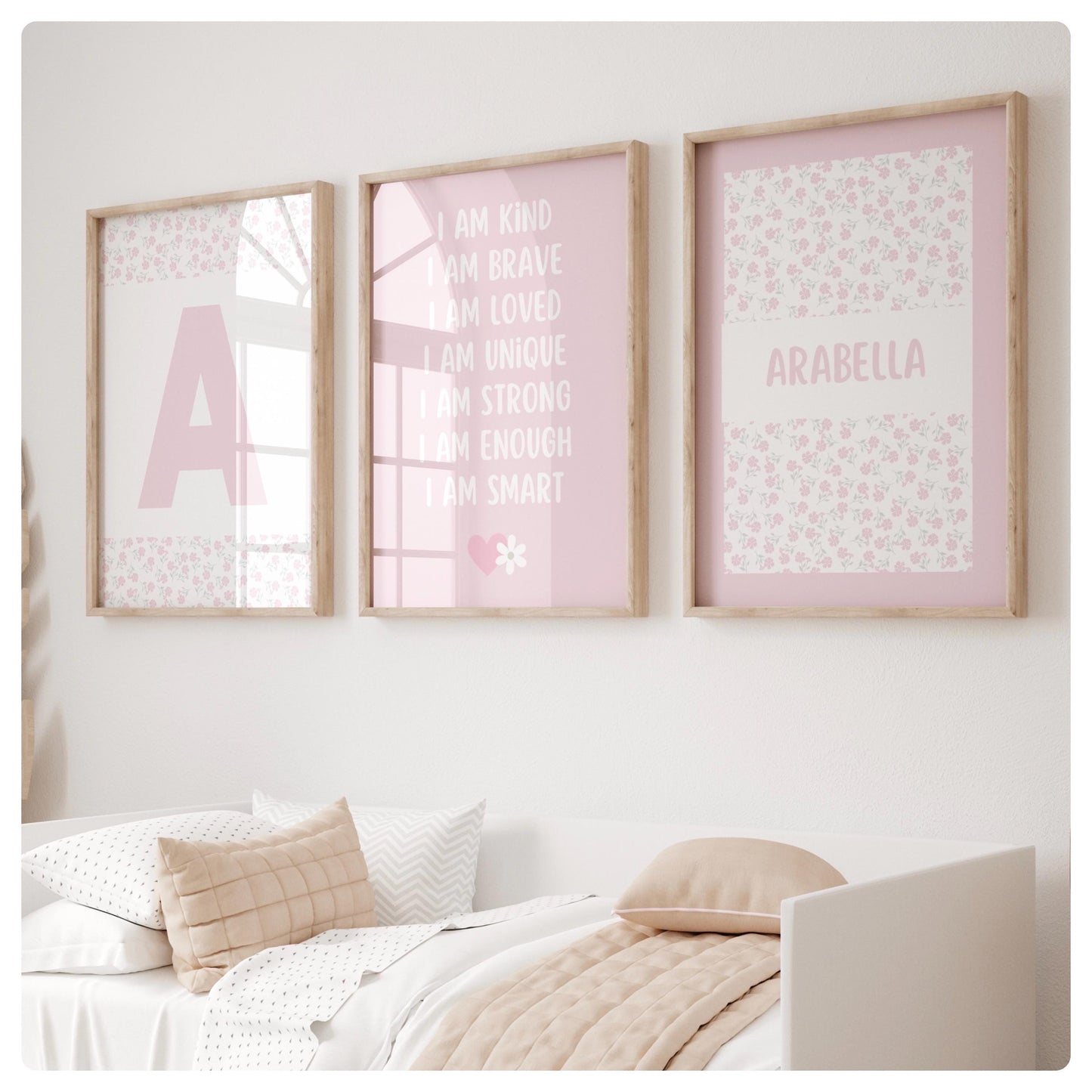 Affirmation pink flowers personalised set of 3 prints