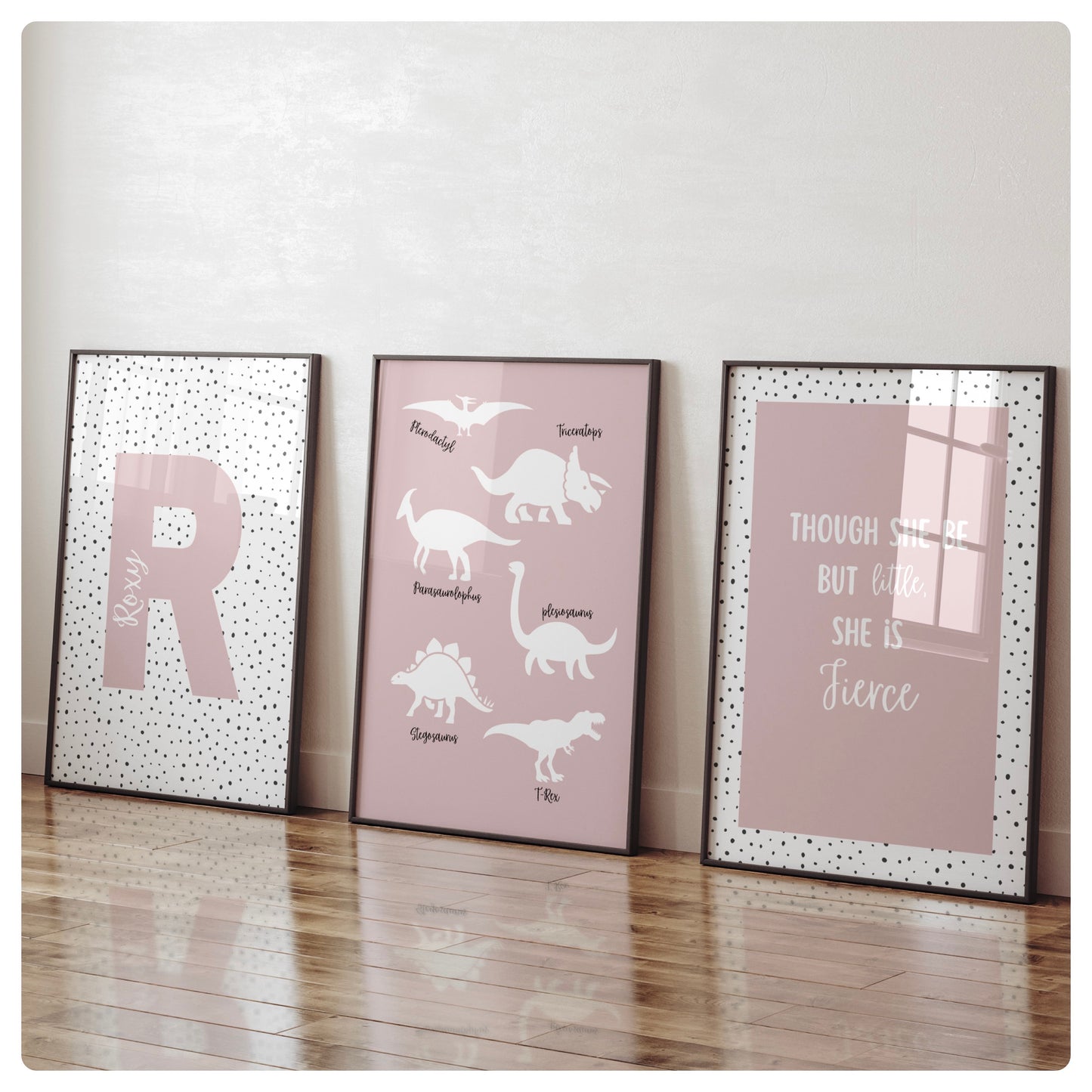 Dinosaur pink girly personalised set of 3 prints