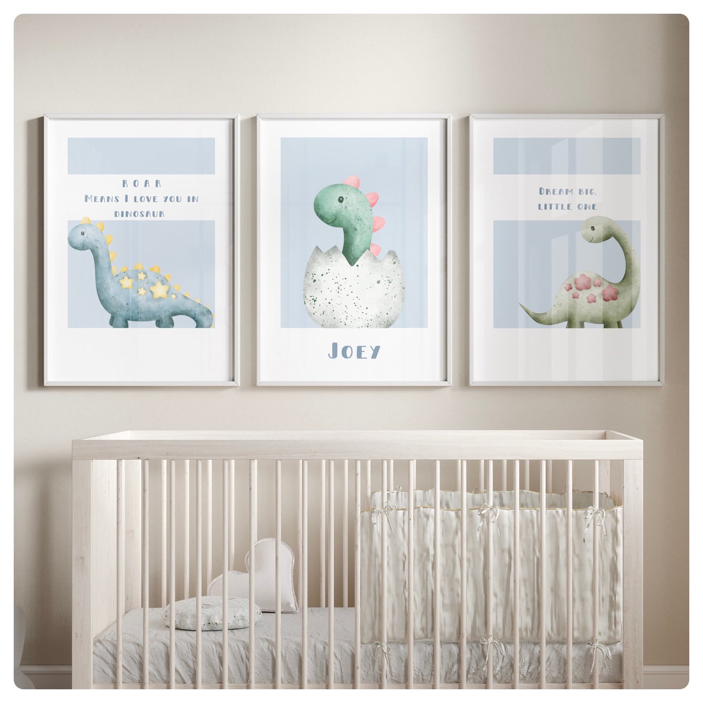 Dinosaur cute blue personalised set of 3 prints