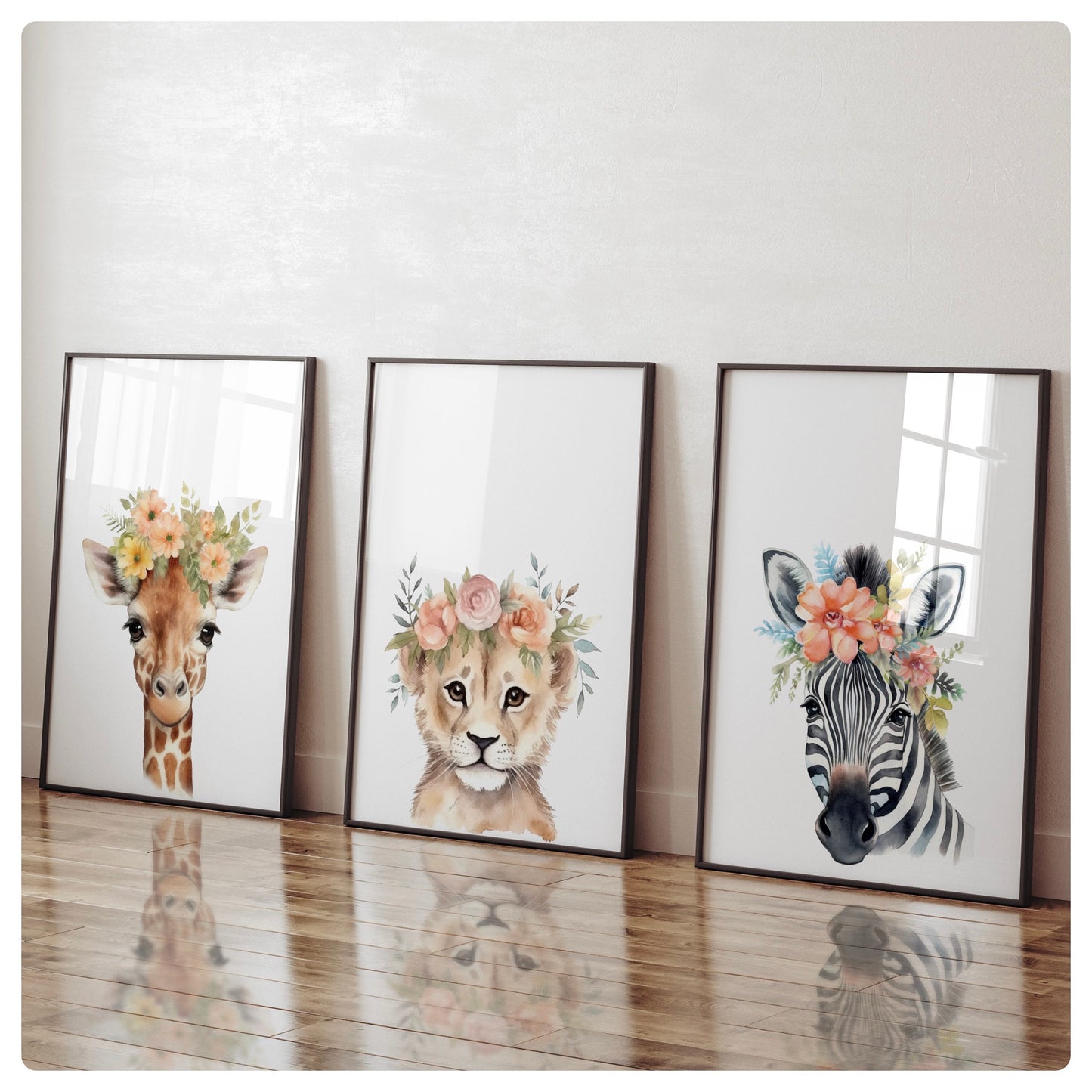 Safari animal flower set of 3 prints