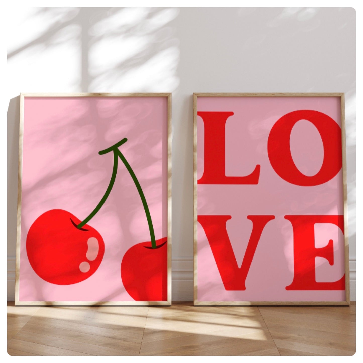 Bright pink & red love cherry set of 2 prints