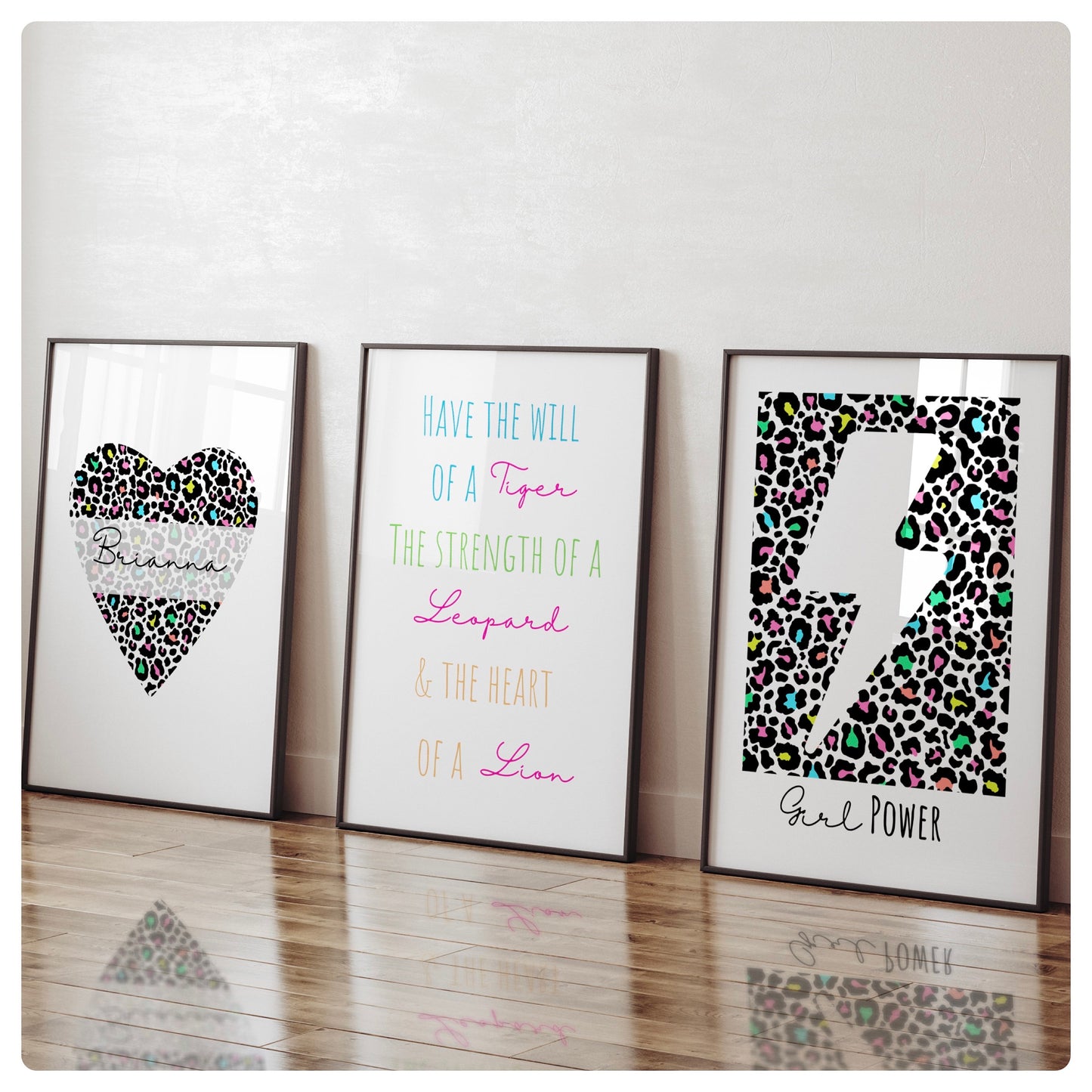 Leopard bight print personalised set of 3 prints