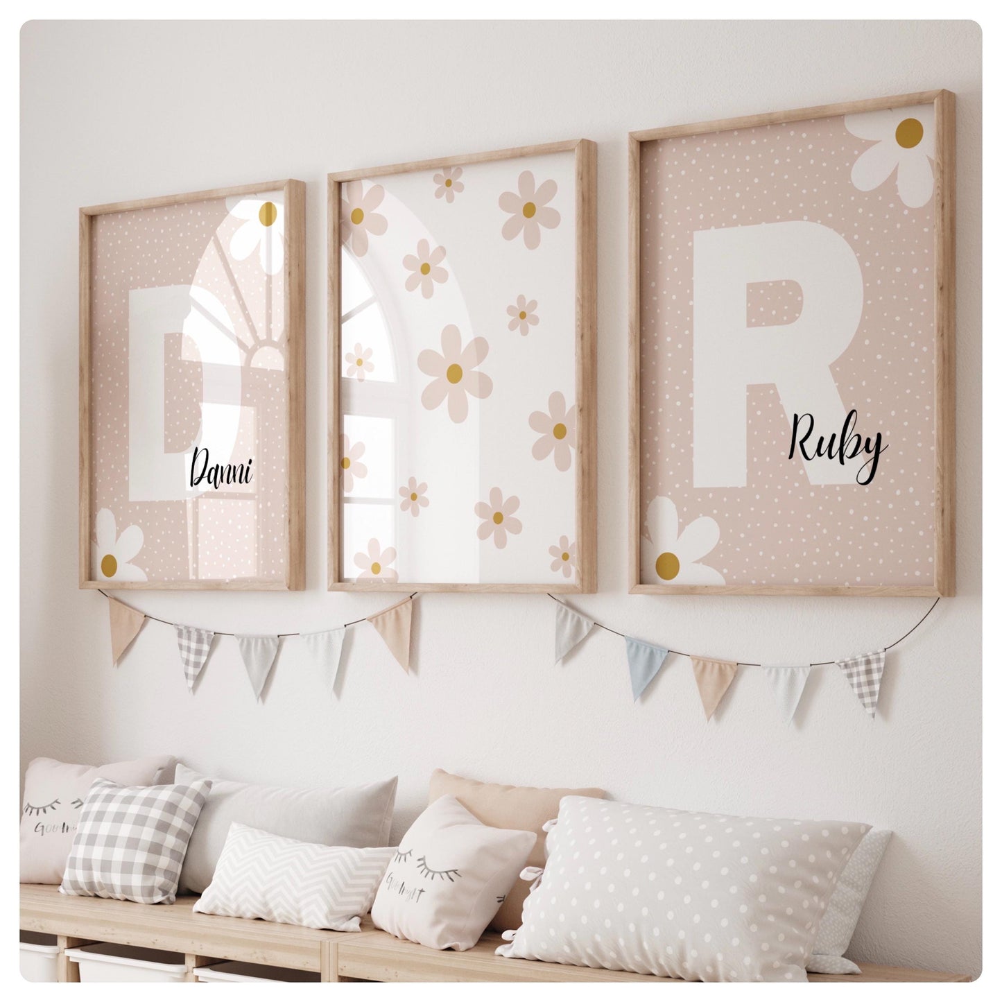 Daisy flower neutral personalised sisters set of 3 prints