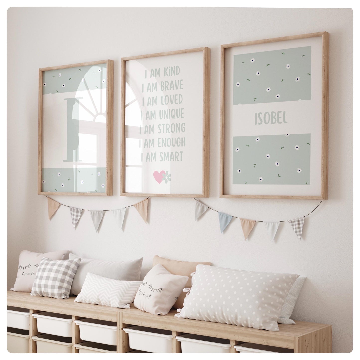 Affirmation personalised sage green flower set of 3 prints