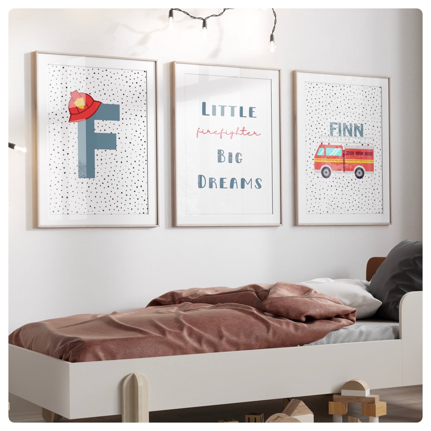 Fire engine “Little firefighter, big dreams” personalised set of 3 prints