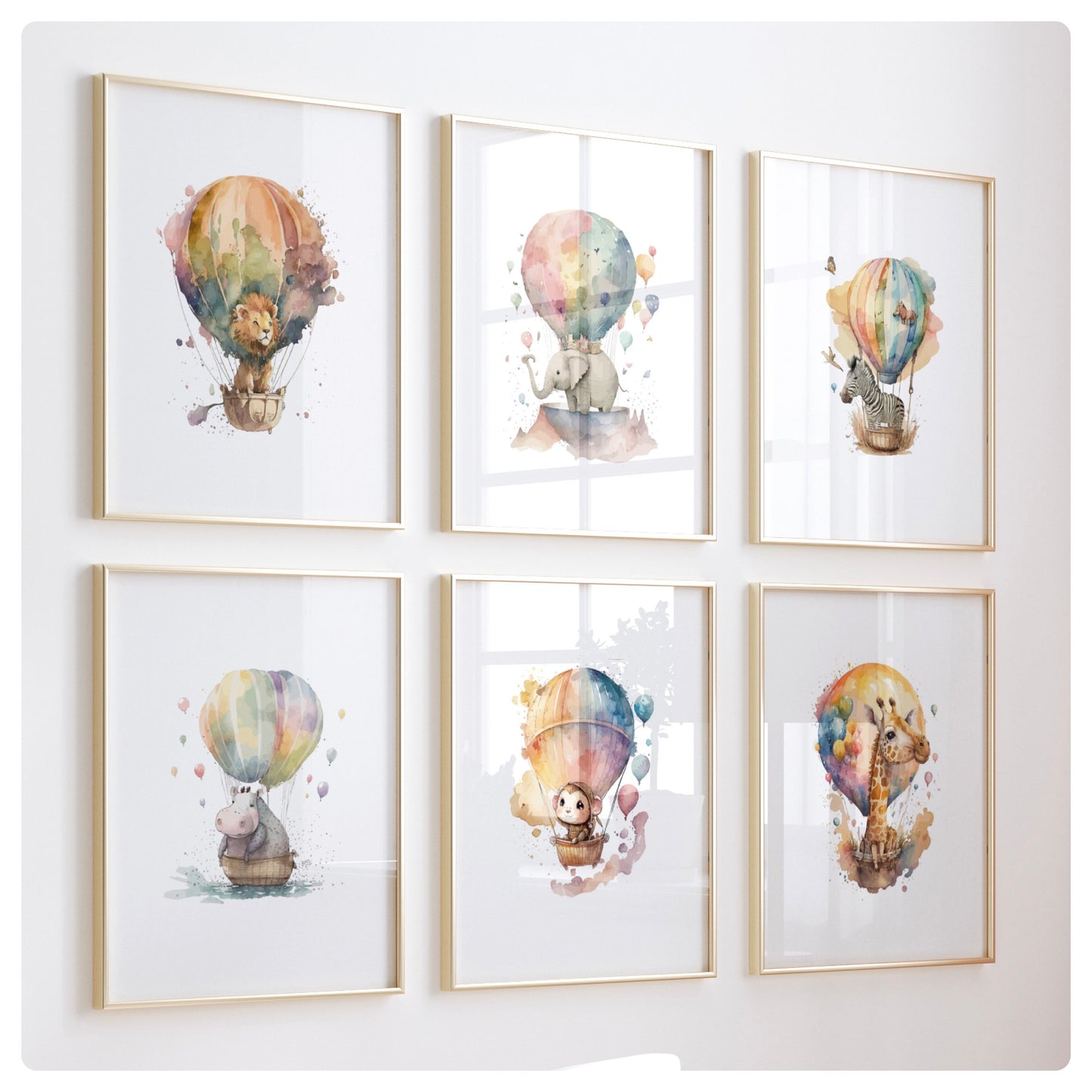 Safari animals hot air balloon set of 6 prints