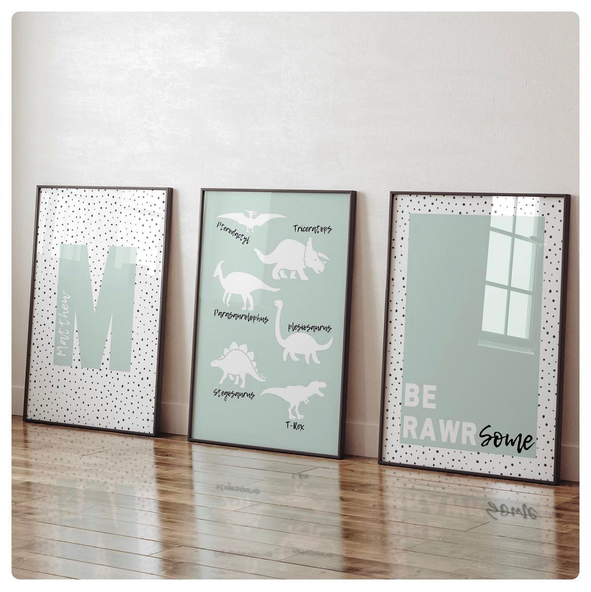 Dinosaur green personalised set of 3 prints