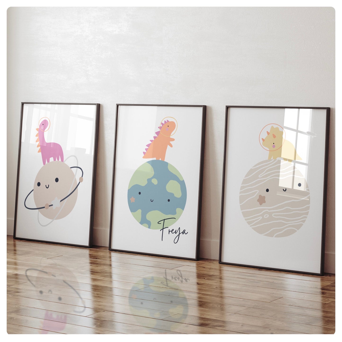 Dinosaurs in space personalised set of 3 prints