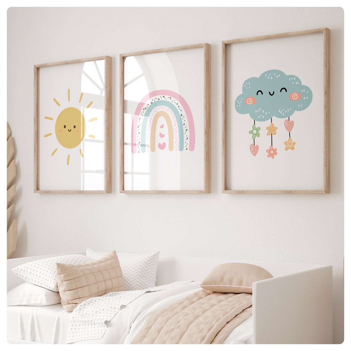 rainbow, sunshine & cloud personalised girly set of 3 prints