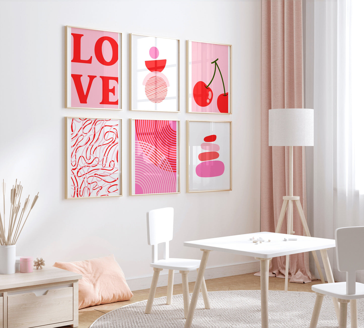 Bright pink & red style set of 6 prints