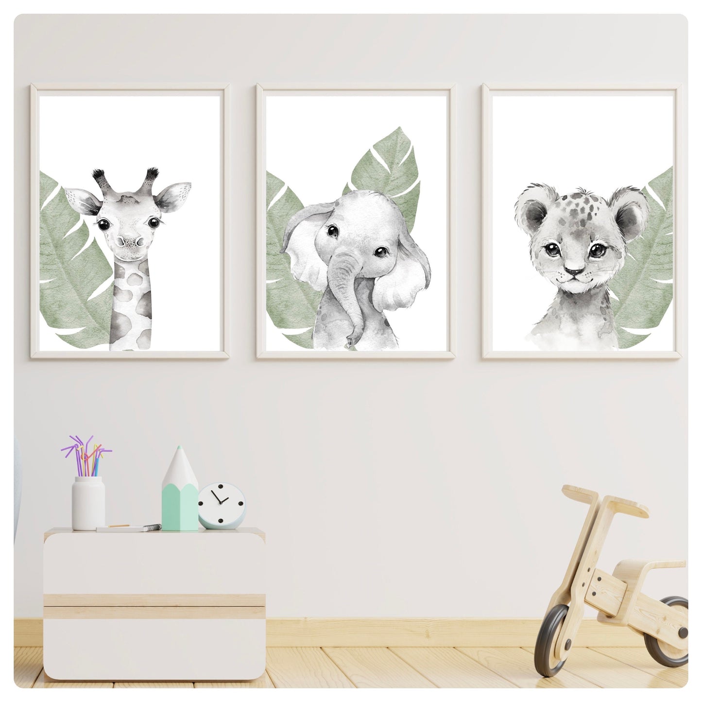 Safari animals black and white set of 3 prints