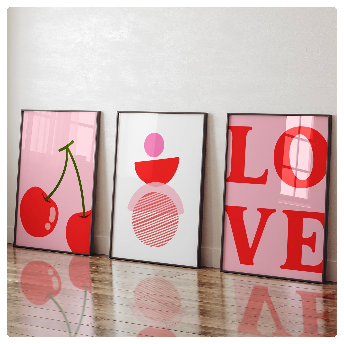 Bright pink and red love cherry set of 3 prints