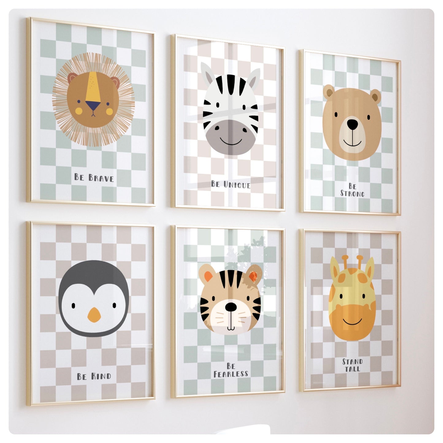 Safari animals boho checkered style set of 6 prints