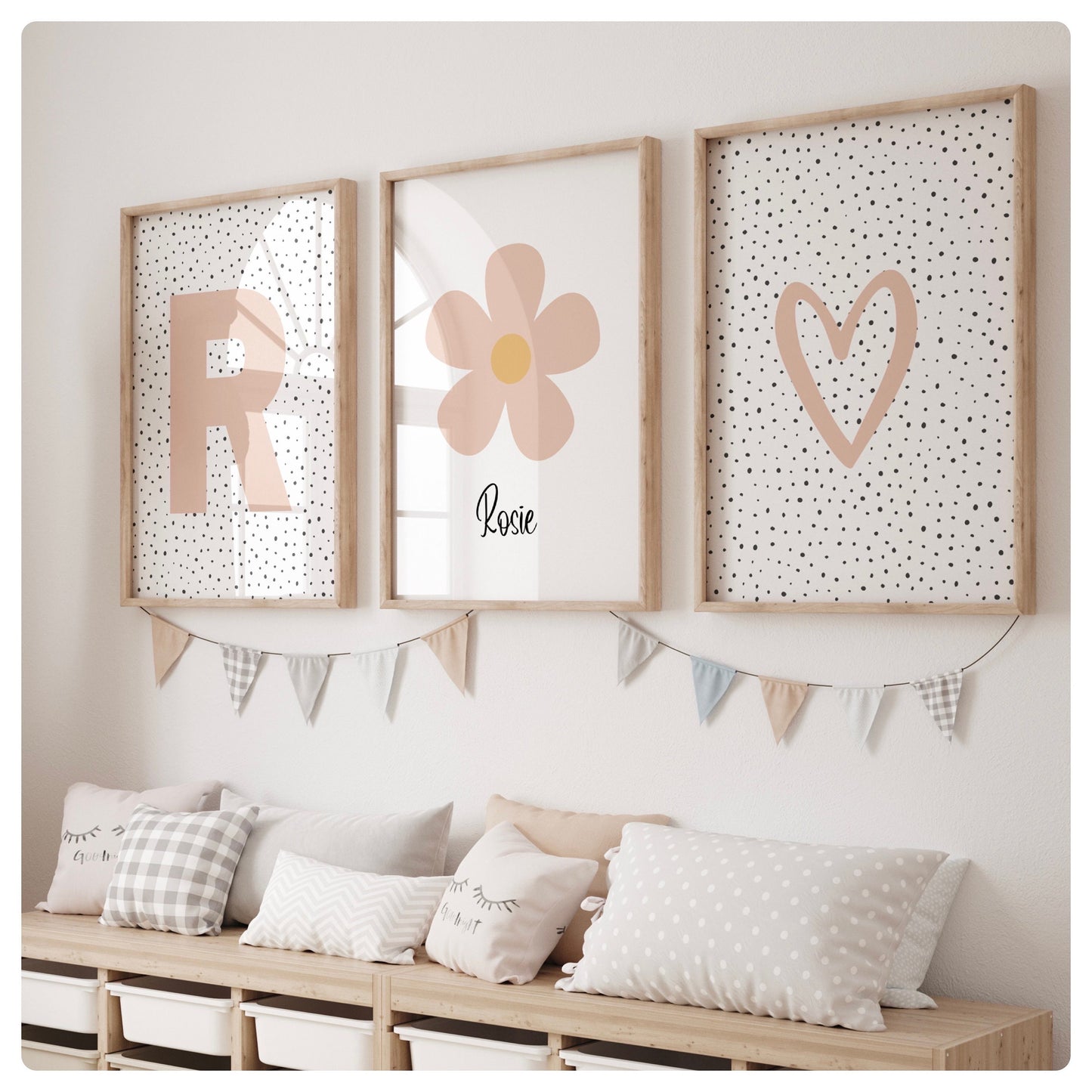 Flower personalised neutral set of 3 prints