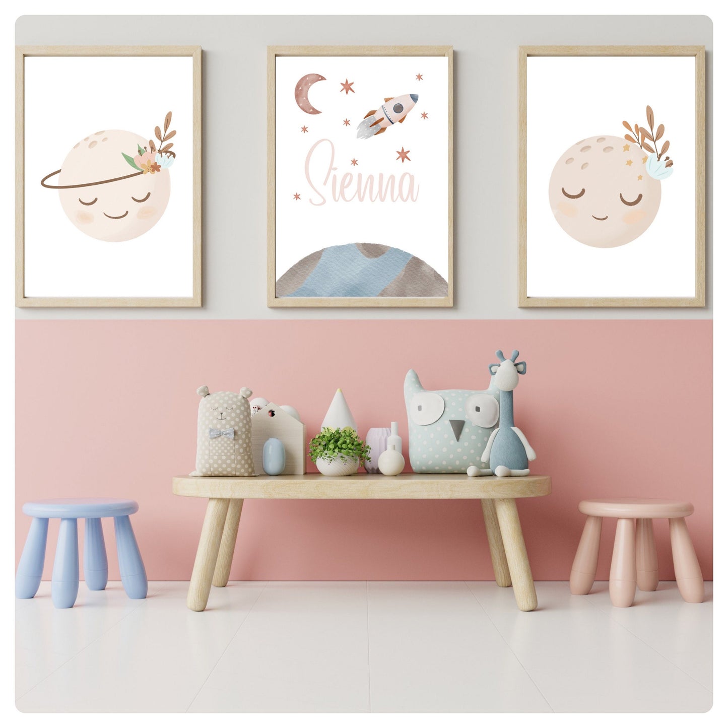 Space theme neutral girly personalised set of 3 prints