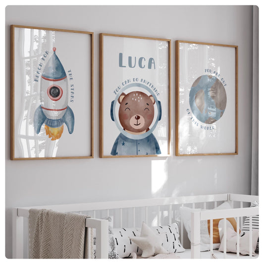 Space theme personalised set of 3 prints