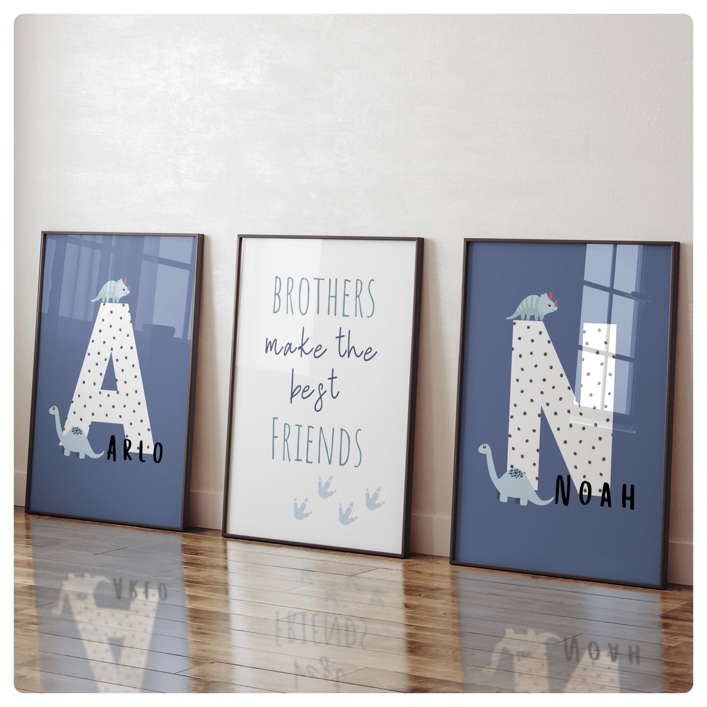 Dinosaur “ Brothers make the best friends” in blue or green personalised set of 3 prints