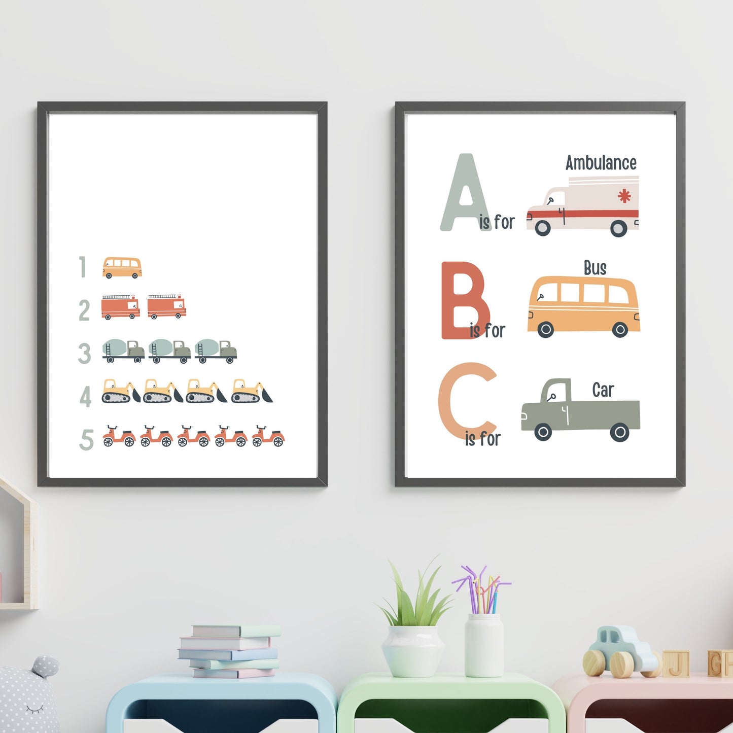 Number and ABC vehicle set of 2 prints