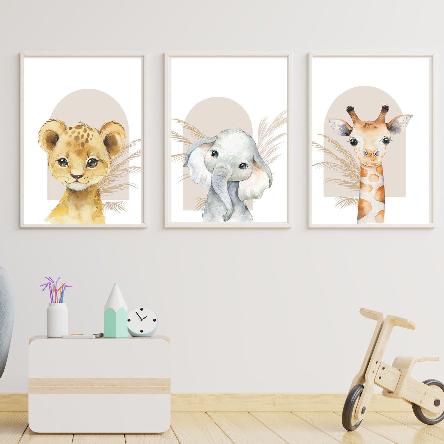 Safari animal neutral set of 3 prints