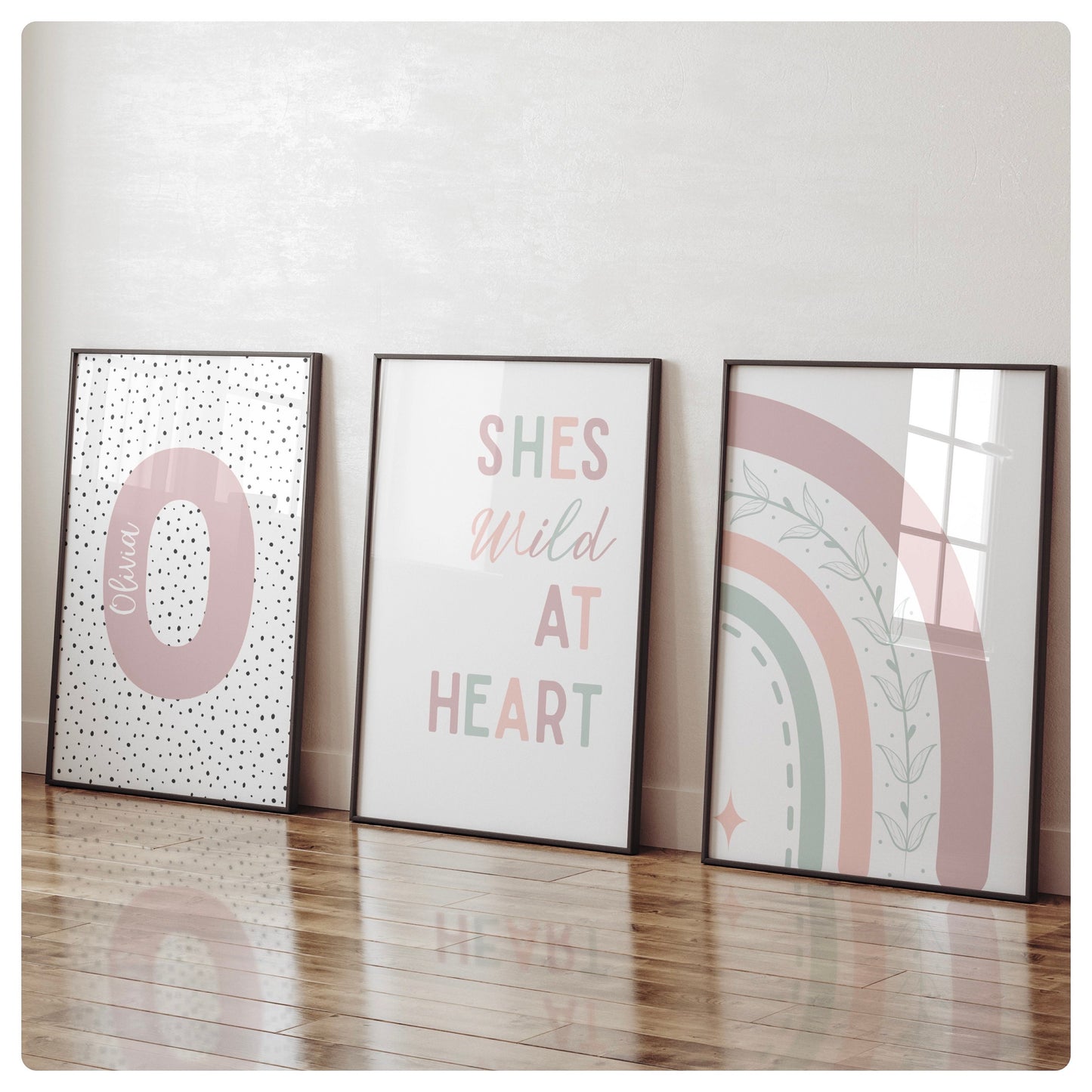 Rainbow “She’s wild at heart” personalised set of 3 prints