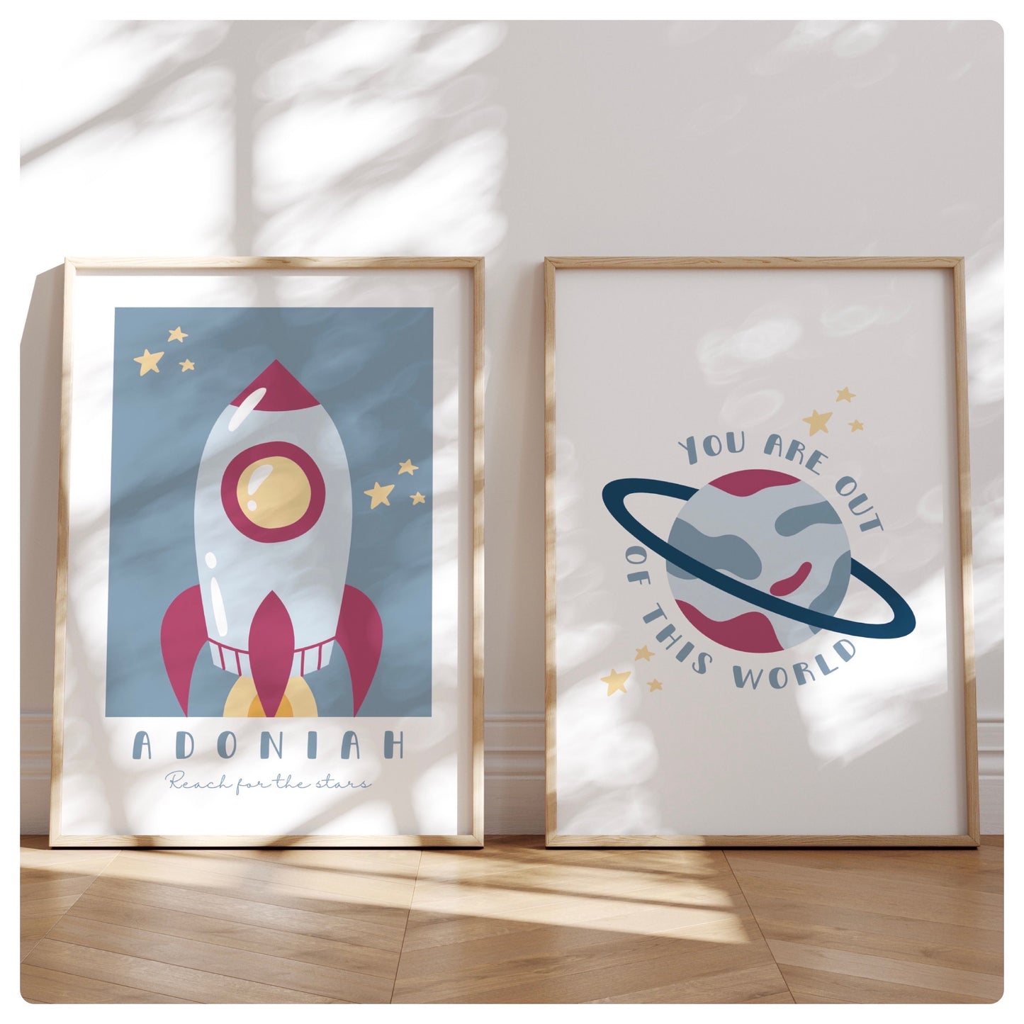 Space theme rocket personalised set of 2 prints