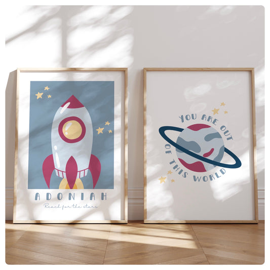 Space theme rocket personalised set of 2 prints