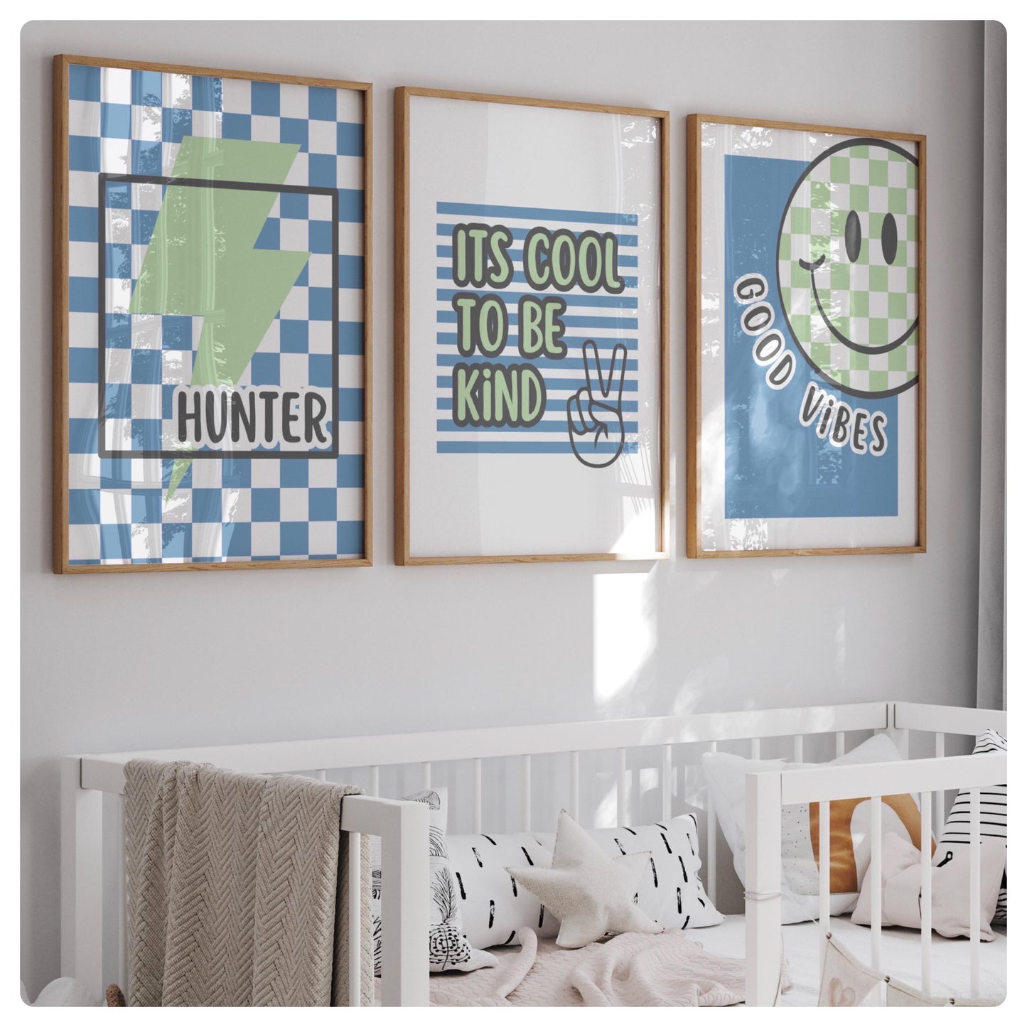 Retro style blue personalised set of 3 prints