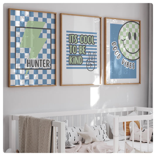 Retro style blue personalised set of 3 prints