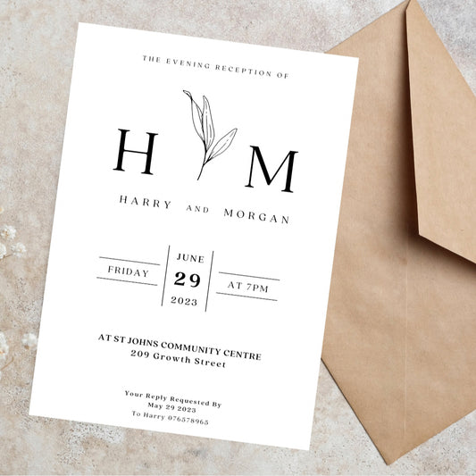 Black and white minimalist wedding and evening invitations