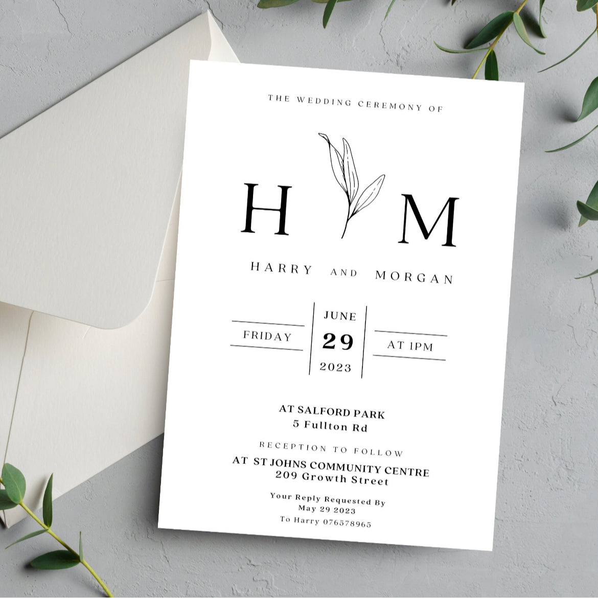 Black and white minimalist wedding and evening invitations
