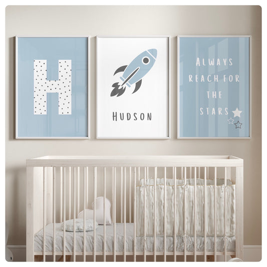 Space themed personalised blue set of 3 prints