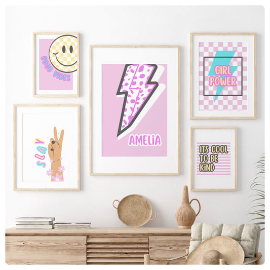 Set of 5 girly retro prints, 1 A3, 2 A4 and 2 5x7