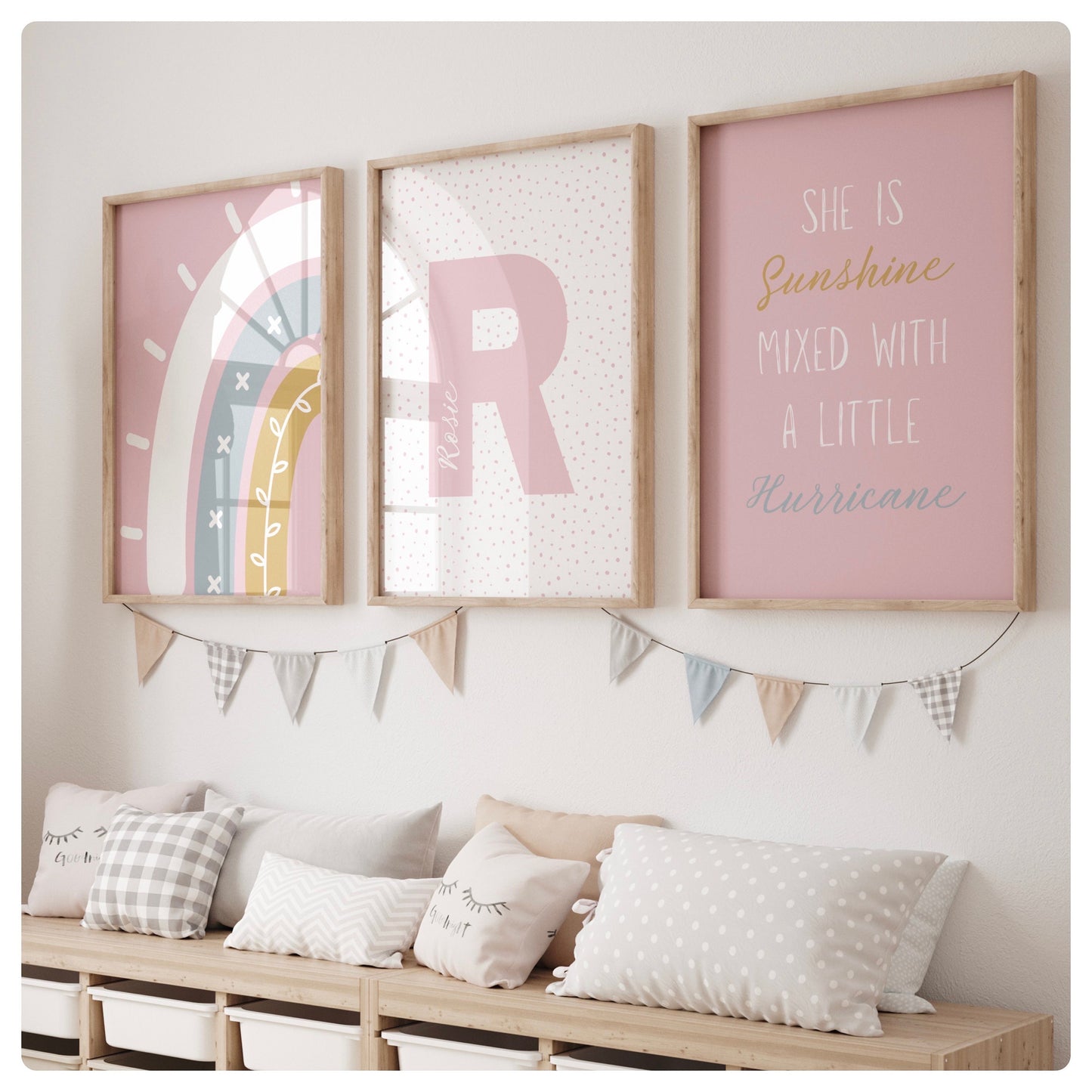 Rainbow “She is sunshine mixed with a little hurricane” personalised set of 3 prints