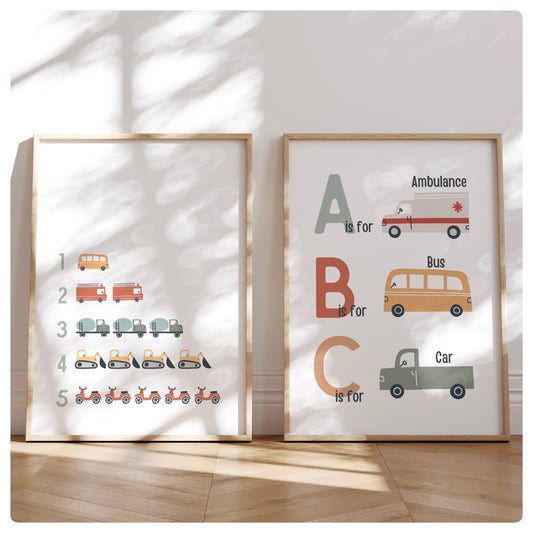 Number and ABC vehicle set of 2 prints