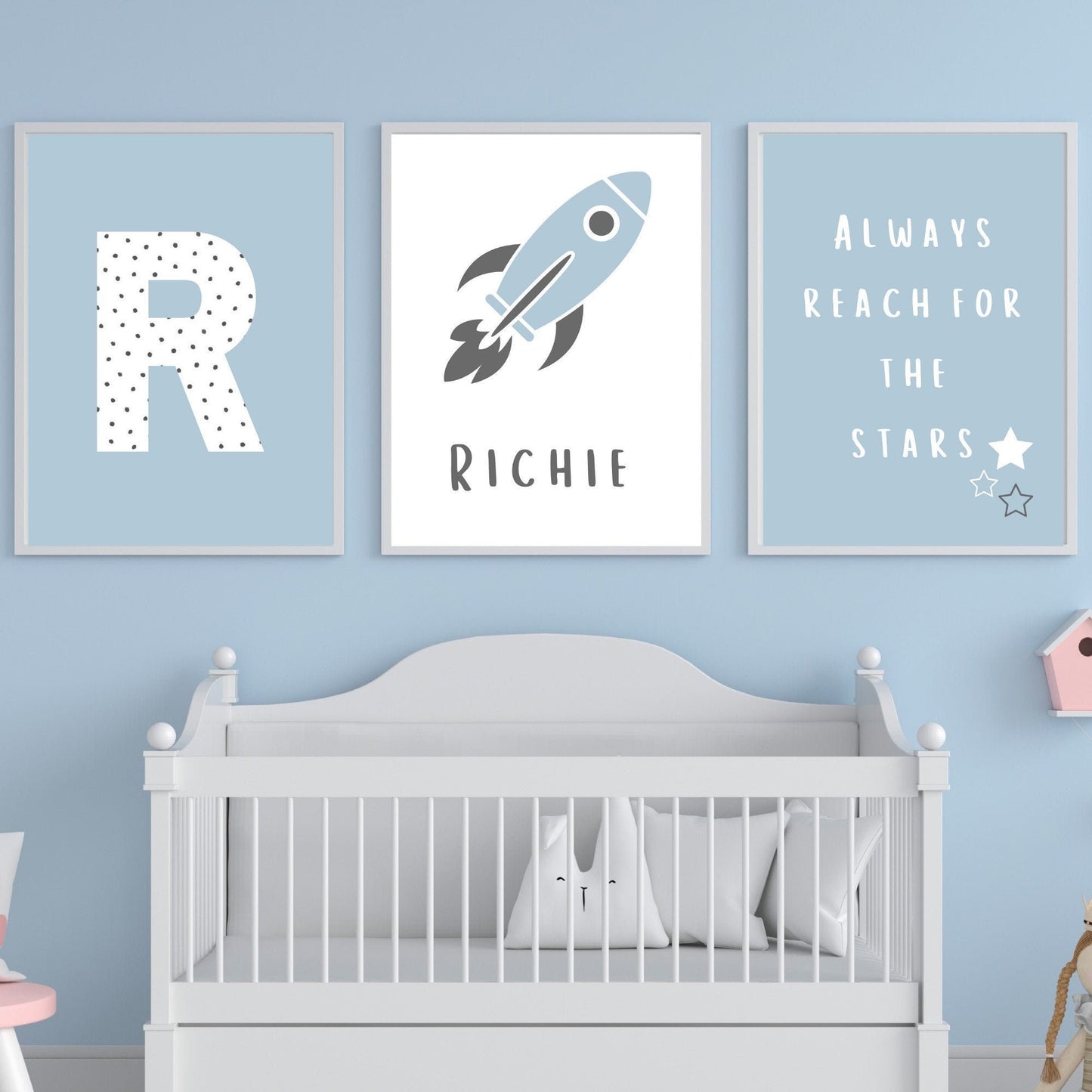 Space themed personalised blue set of 3 prints