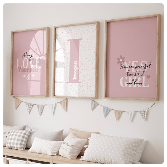 Love yourself personalised pink set of 3 prints