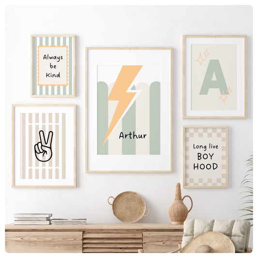 Set of 5 neutral boys prints. 1 A3, 2 A4 & 2 5x7