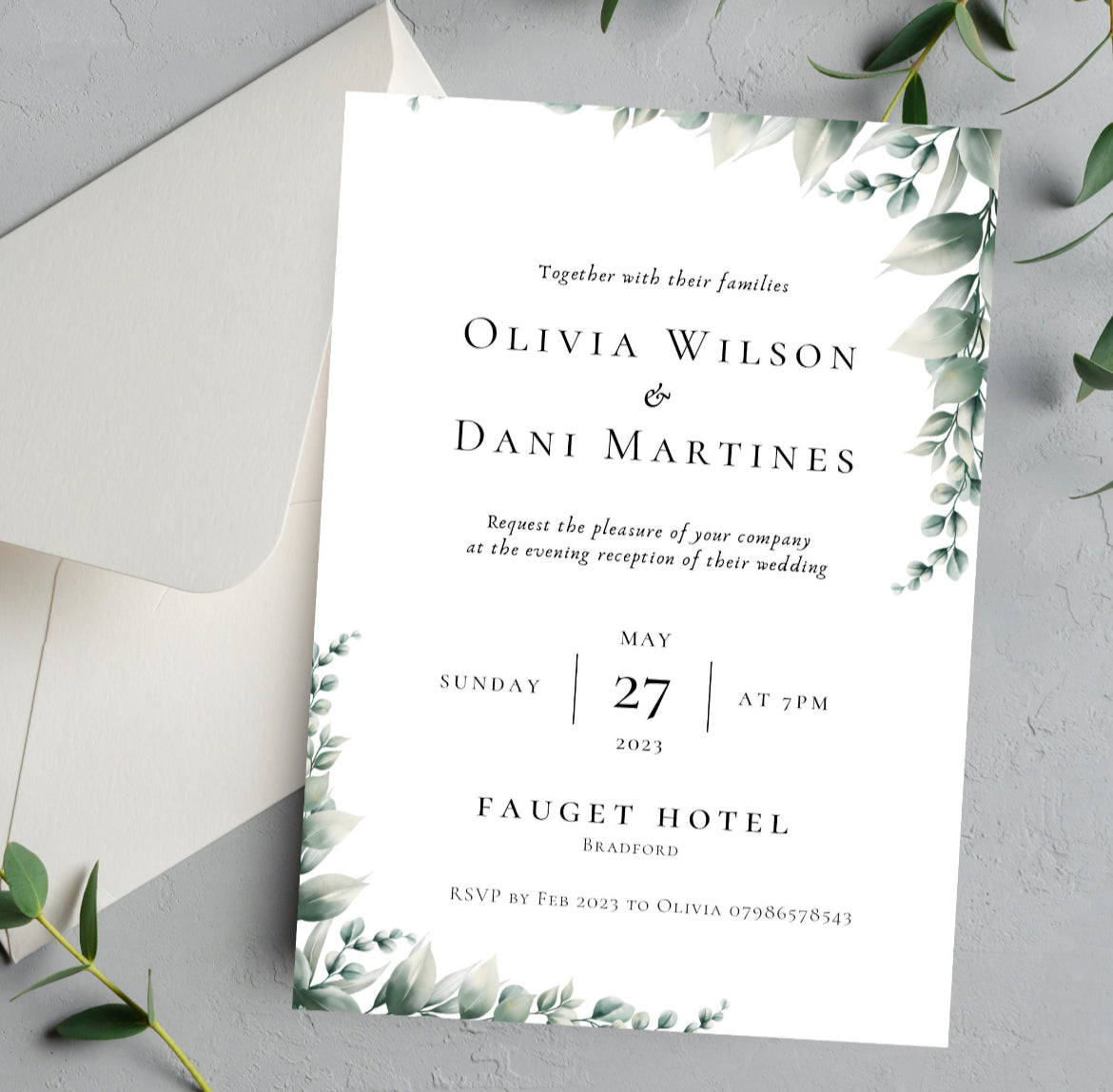 Botanical wedding and evening reception invitations