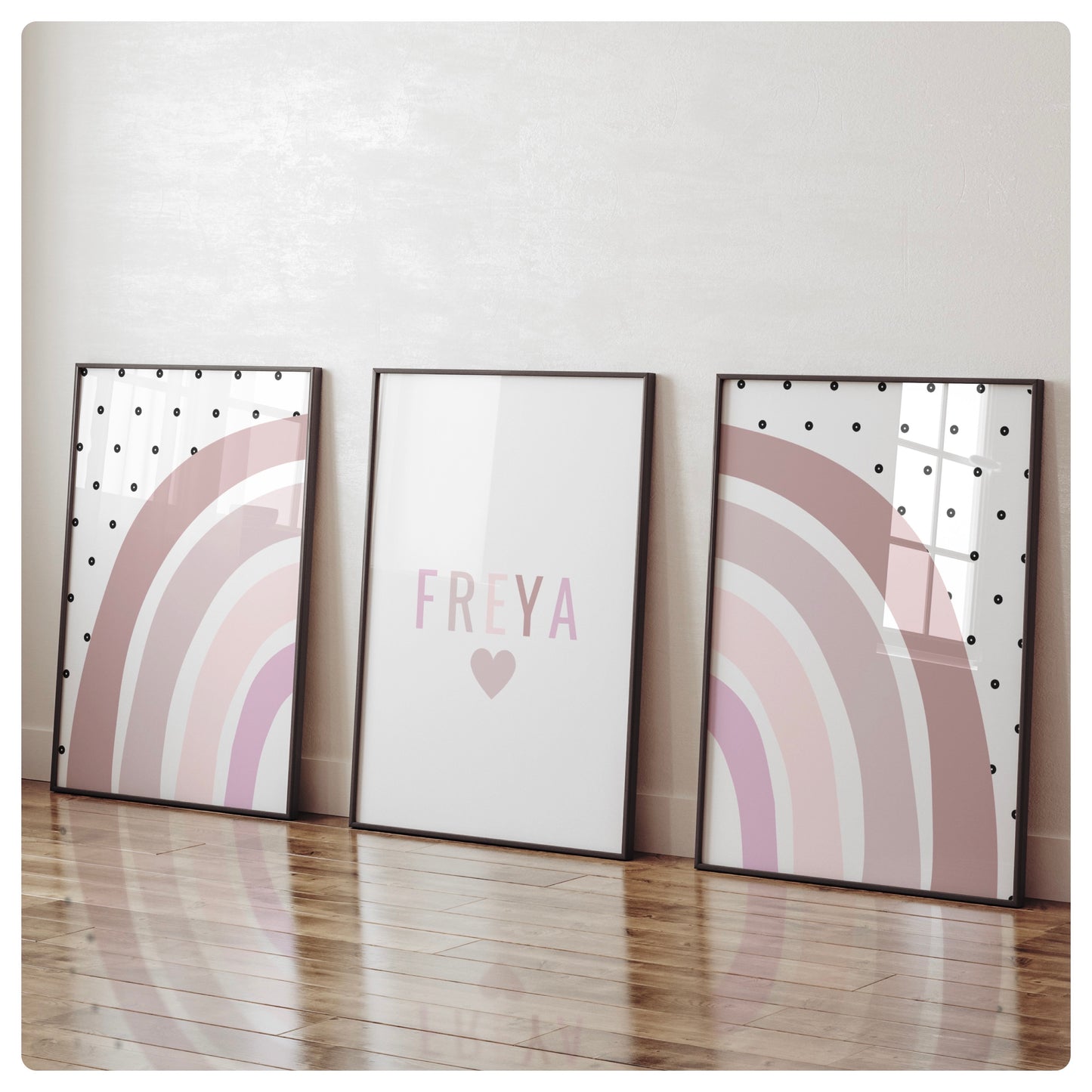Rainbow pink personalised set of 3 prints